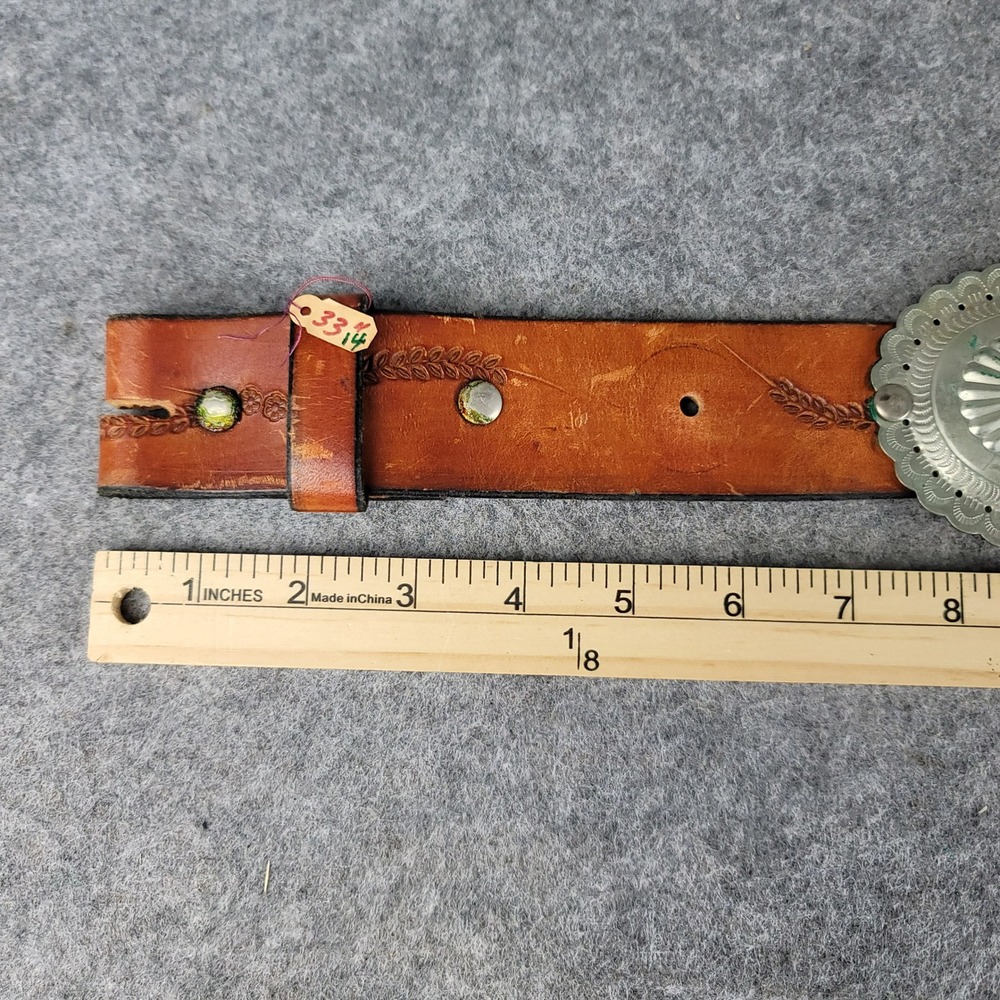 Vintage Western Leather Concho Belt Tan Tooled Floral Southwest Silver Tone 35in - Picture 5 of 10